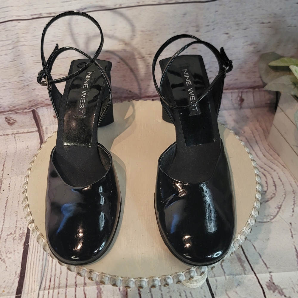 Nine West Black Patent Leather Adjustable Ankle Strap Heel Pump Shoes Sz 8.5M - Picture 5 of 13